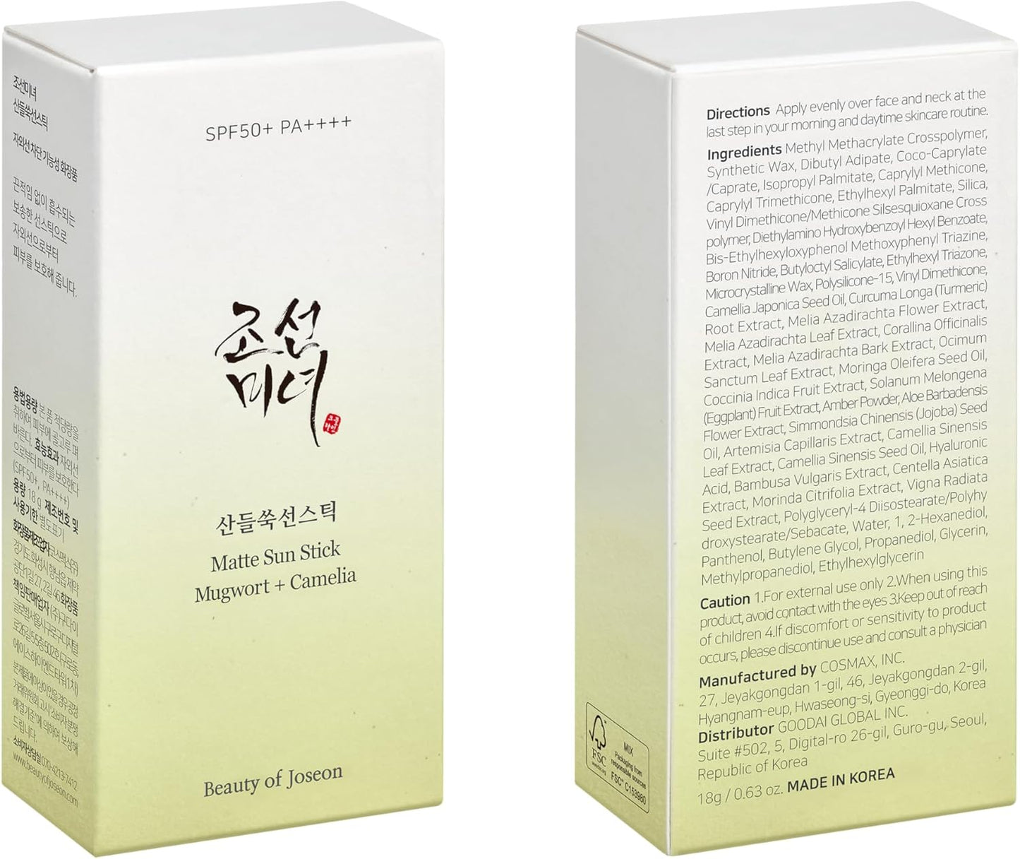 Beauty of Joseon Barra protector solar SPF 50+ PA++++ / Con Artemisia y Camelia Acabado Mate