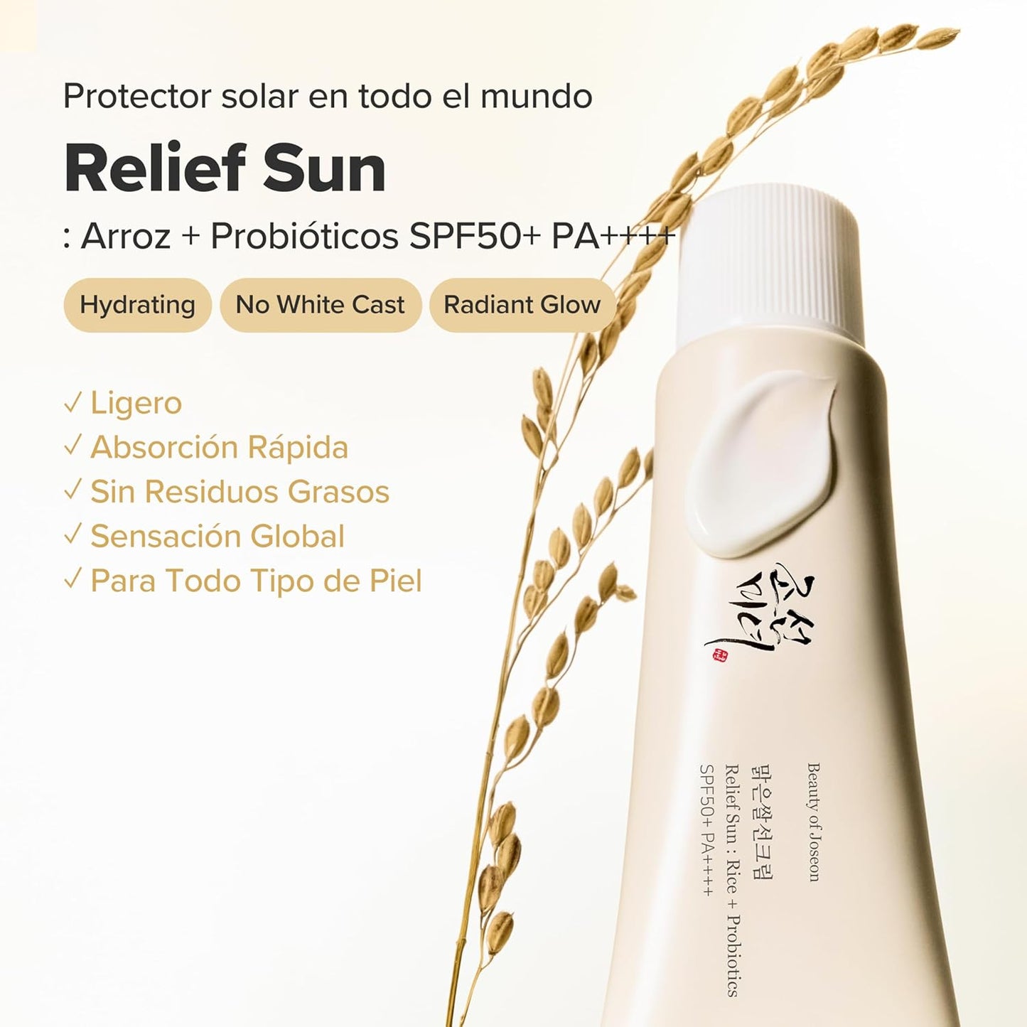 Protector Solar Beauty of Joseon con Probióticos de Arroz Coreano, Crema Facial Humectante Suave, 50 ml