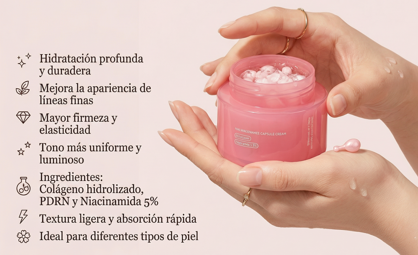 KOEC PDRN  Crema de Colágeno Rosa de 50g, Antiarrugas, Hidratante, Iluminadora, Aumenta la Elasticidad, 5% Niacinamida, Colágeno Hidrolizado